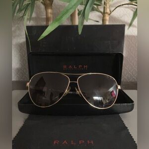 Ralph Lauren Gold and Black Aviator Sunglasses with Case and Cleaning Cloth